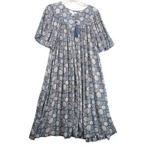 Go Softly Blue Floral Gauze Dress XL Front Zip Tassel, Pockets, Coastal Resort
